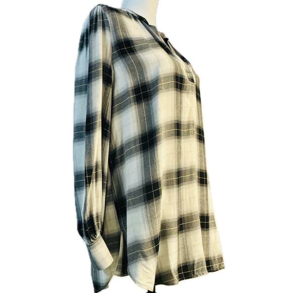 Loft Popover Split V-Neck Long Sleeve Tunic Top Women Lp White Black Gold Plaid - Picture 2 of 12